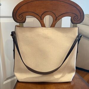 Zara Cream Canvas Shoulder Bag with Brown Leather Trim